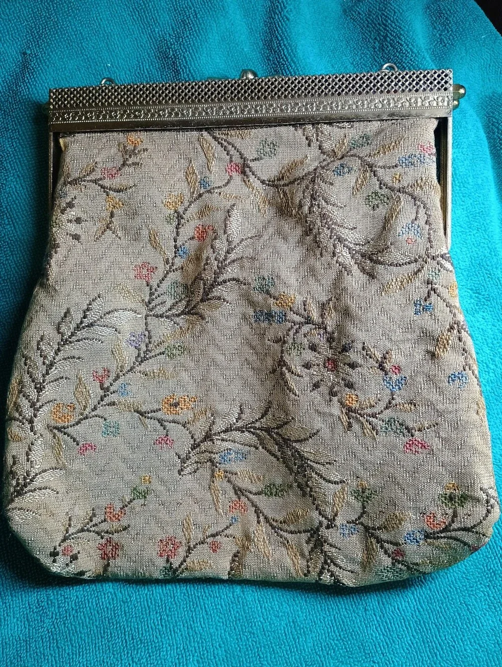 Vintage Floral Tapestry Evening Bag with Gold Frame